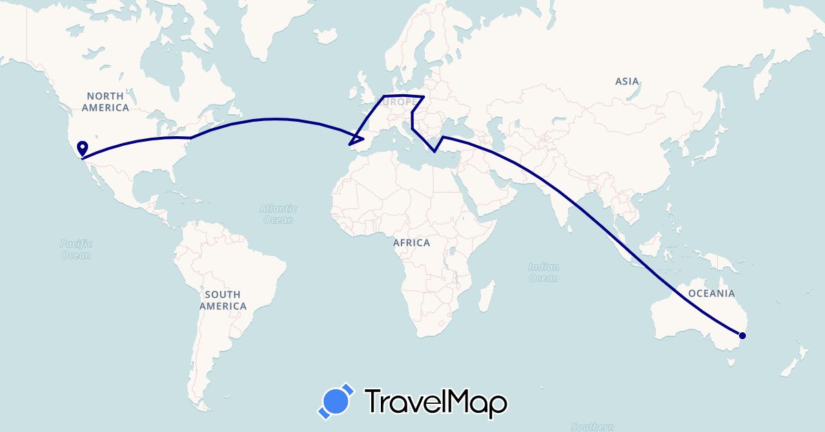 TravelMap itinerary: driving in Austria, Australia, Spain, Greece, Croatia, Netherlands, Poland, Portugal, Turkey, United States (Asia, Europe, North America, Oceania)